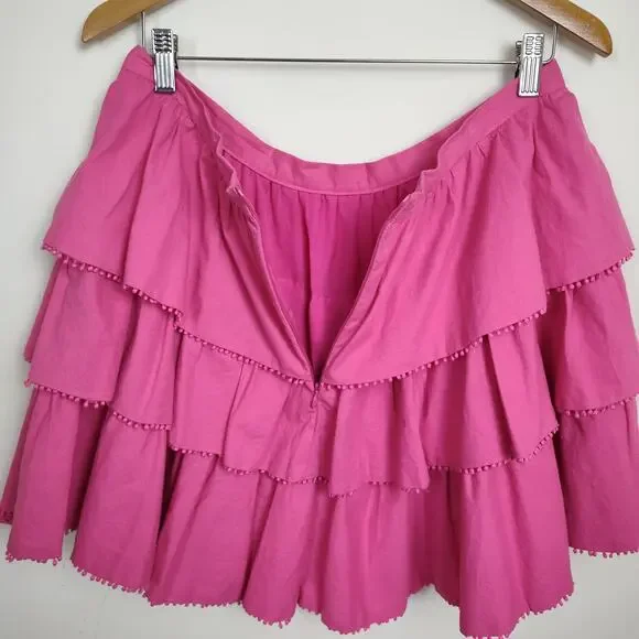 Showpo Women's Tiered Ruffle Skirt Sz 12 Layered Casual Mini Pink Cotton Stretch - Picture 9 of 15